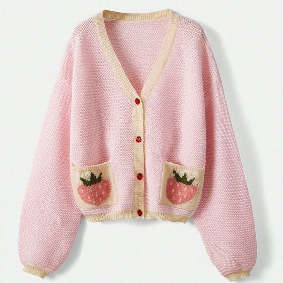 Sweaters - Pink Casual Women's Strawberry Print Bishop Sleeve sweater Cardigan